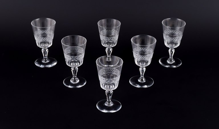 A set of six mouth-blown French sherry glasses in crystal glass. Faceted. Handmade.