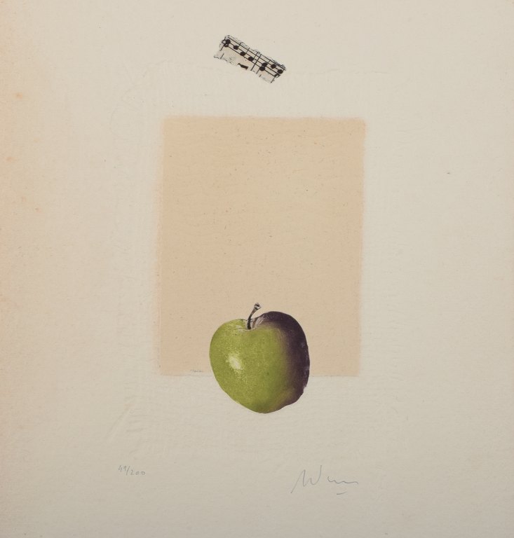 Alain Soucasse (born 1951), France. Color lithograph. Modernist arrangement with apple.