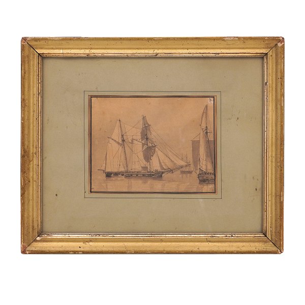Marine drawing by C. W. Eckersberg, 1783-1853. Visible size: 12,5x16cm. With frame: 27,5x33cm