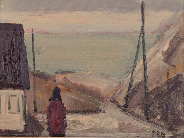 Peder Brøndum Sørensen (1931-2003), dansk maler, olie på lærred. ”Grå dag ved havet”. Modernistisk by-motiv med figur.