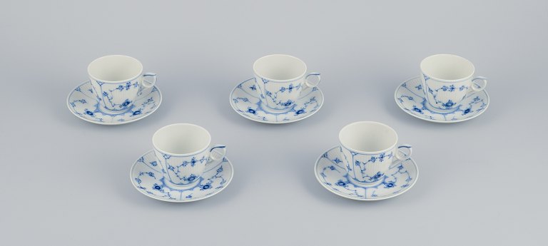 Royal Copenhagen Blue Fluted Plain. Five coffee cups with saucers.Model number 1/2162.