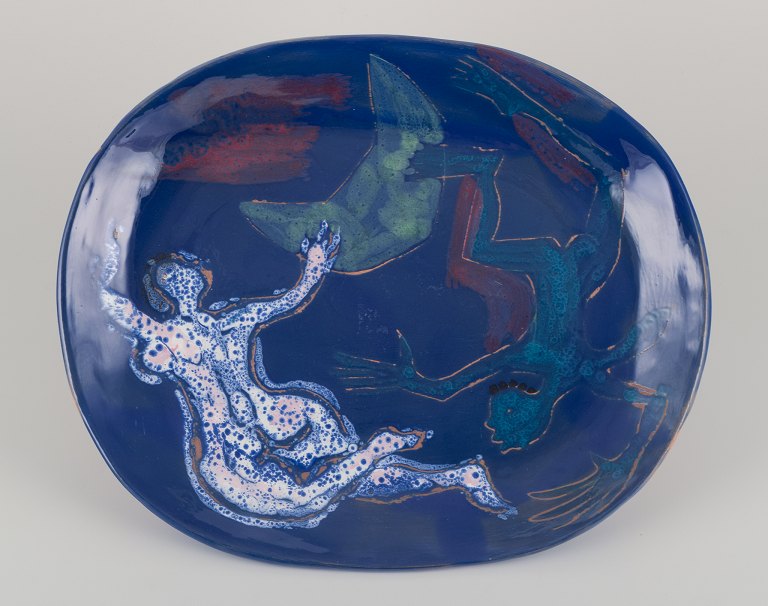 Danish ceramicist. Unique ceramic dish.Motif of a swimming couple.