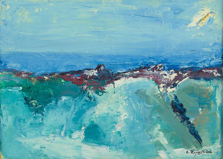 Arne Ringström (1924-2008), Swedish artist. Oil on canvas.Modernist landscape.