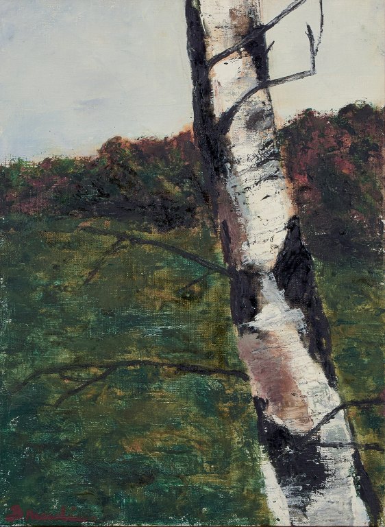 Hanna Brundin, Swedish artist. Oil on canvas. Landscape with birch tree in the foreground.