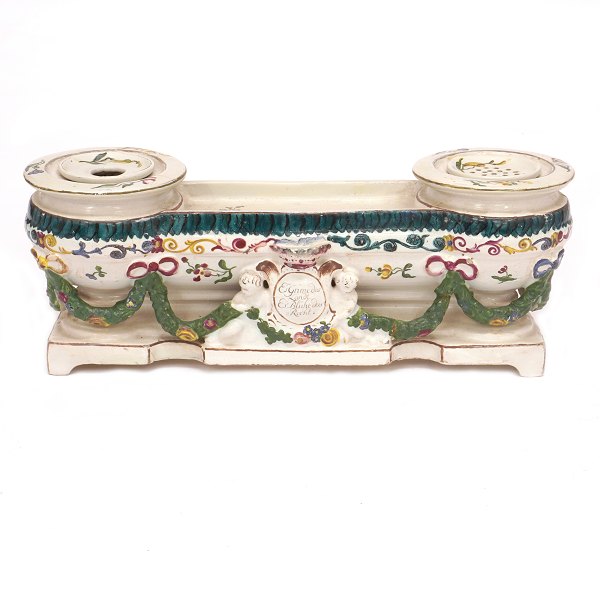 18th century Danish faience writing set manufactured by Kastrup, Copenhagen. H: 
14,3cm. L: 35cm