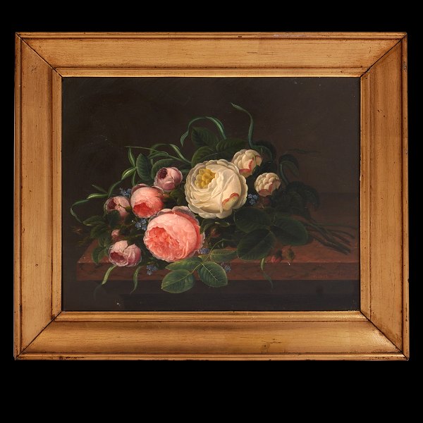 Blomstermaleri fra I. L . Jensens skole med motiv i form af hvide og lyserøde roser. Olie på træ. Danmark ca. år 1830-40. Signeret T. Sandholt. Lysmål: 32x40cm. Med ramme: 44x52cm