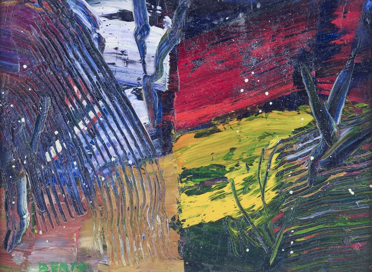 Lars Bertle (f. 1925), svensk kunstner, olie på plade.
Abstrakt komposition.