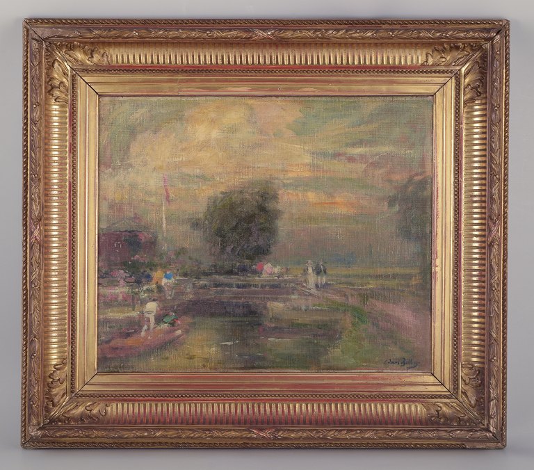 Eugène-Louis Gillot (1868-1925) fransk maler.
Motiv af folkeliv ved en flod.