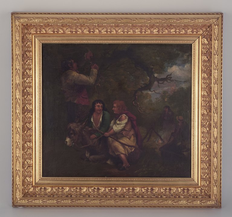 George Morland (1763-1804), well listed British artist, oil on canvas.A flock of paupers making a bonfire in the woods.