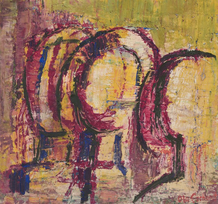 Ola Gerhardt, svensk kunstner.
Olie på træ.
Abstrakt komposition.