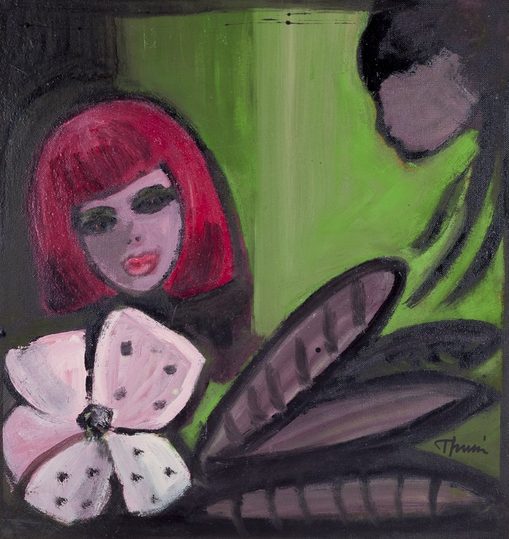 Swedish artist.
Oil on board.
Motif of two women and flower.