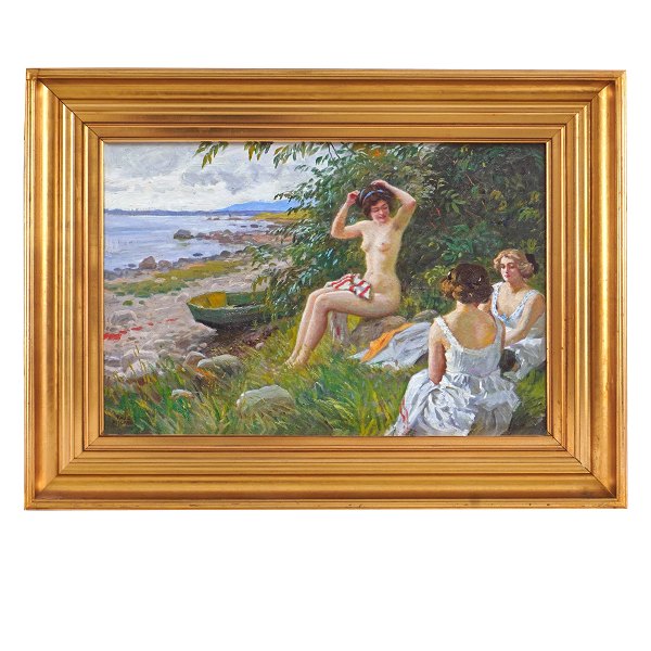 Paul Fischer, 1860-1934, Three women at the beach. Signed circa 1915. Oil on 
canvas. Visible size: 42x62cm. With frame: 62x82cm