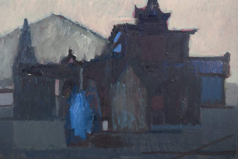 Peer Lorentz Dahl (1915-2005), norsk-dansk kunstner, olie på lærred.
Motiv af norsk stavkirke.
