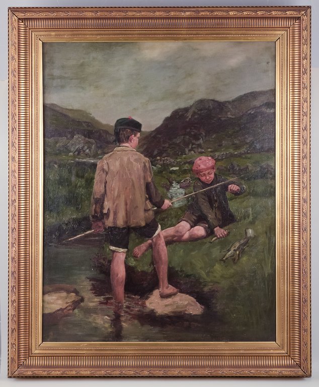 John Yeend King (1855-1924), britisk maler, olie på lærred. 
Motiv af to drenge der fisker ved en å.