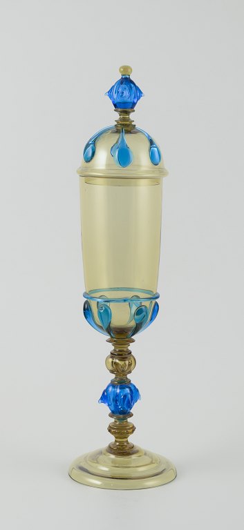 Murano, Italy. Large lidded vase made of blue and smoky art glass.