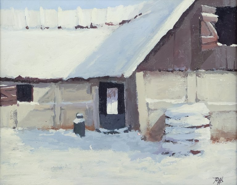 Roald Hansen (b. 1938), listed Danish painter.
Oil on canvas.
Exterior of farm, winter landscape.