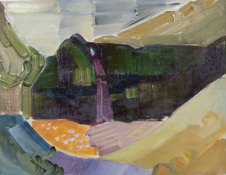 Orla Lehmann, svensk kunstner. Olie på malerplade.Abstrakt landskab.