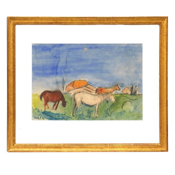 Jens Søndergaard, 1895-1957, water color. Landscape with horses signed and dated 
1941. Visible size: 25,5x36,5cm. With frame: 45x53cm