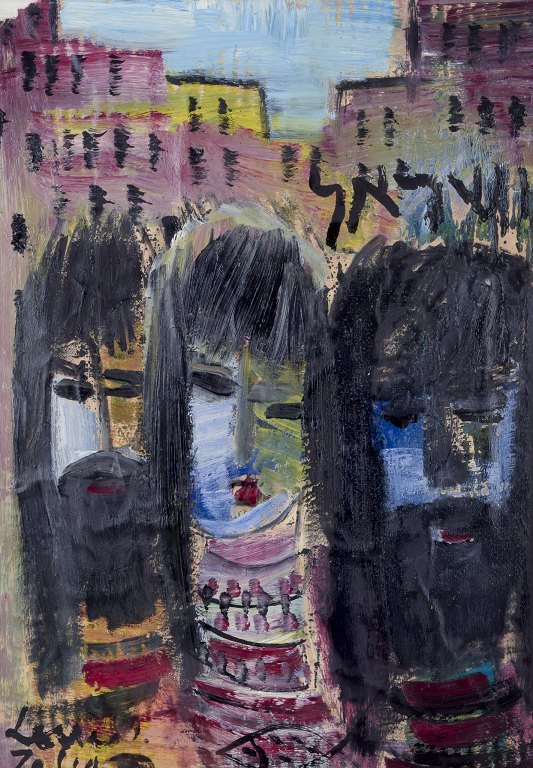 Louis Zelig (1922-1993), svensk kunstner.
Olie på lærred.
Bymotiv af tre personer i forgrunden.
