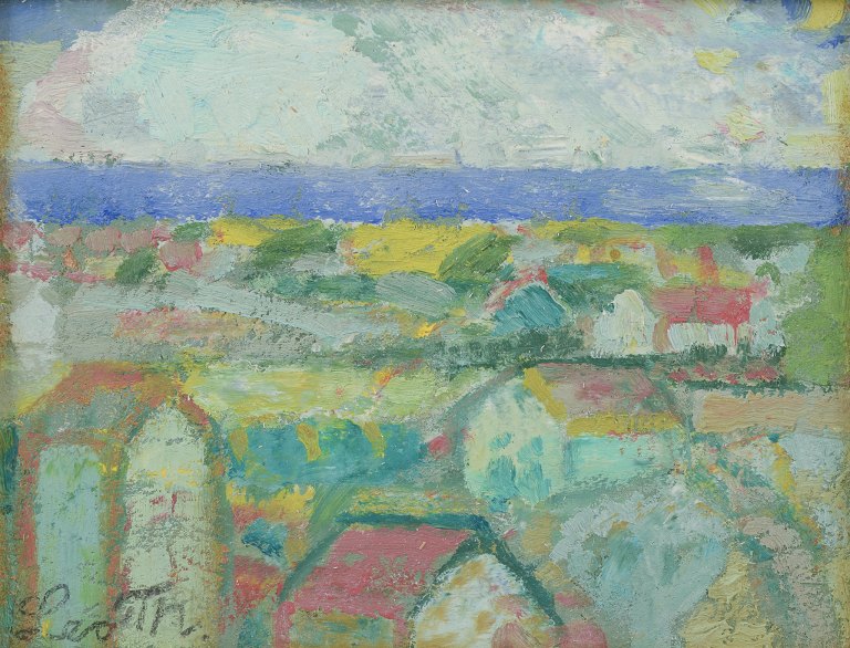 Leo Thellefsen (1909 - 1997), olie på plade. 
Modernistisk landskab.