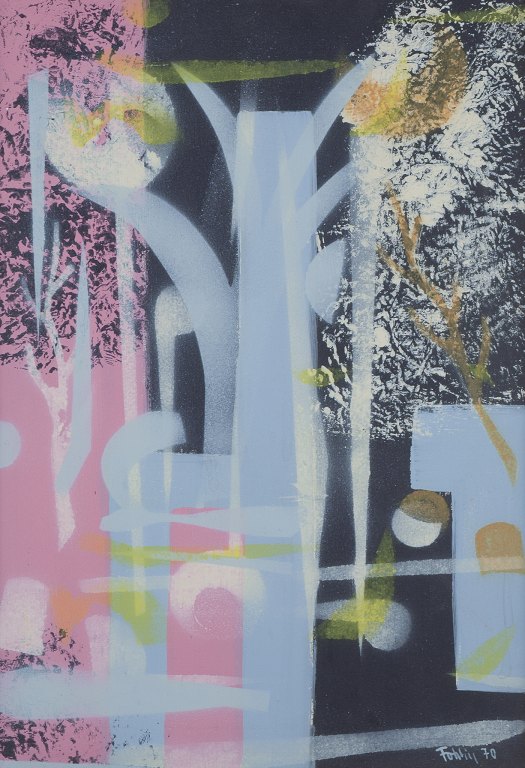 Gunnar Fohlin (f. 1924), svensk kunstner.
Olie på lærred. Abstrakt komposition.