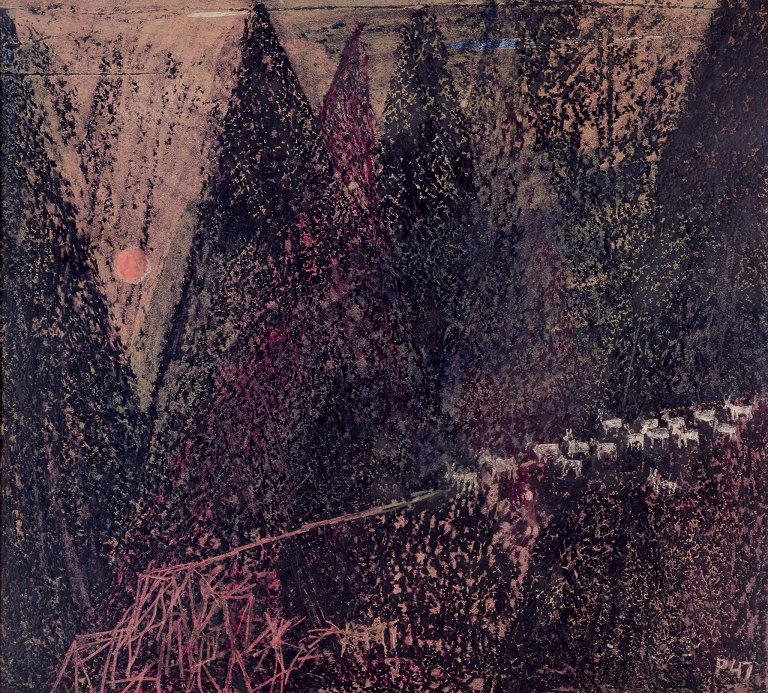 Ukendt svensk kunstner.
Blandet teknik på plade.
Rensdyrflok i et natlandskab.