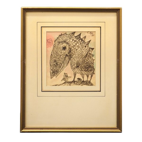 Carl-Henning Pedersen, 1913-2007, mixed media, water color and ink. Signed and 
dated 1947. Visible size: 16x14cm. With frame: 33x26cm