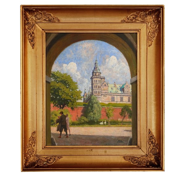 Paul Fischer painting. Paul Fischer, 1860-1934, oil on plate. View at Kronborg 
Castle, Copenhagen. Signed Paul Fischer. Visible size: 38x31cm. With frame: 
55x48cm