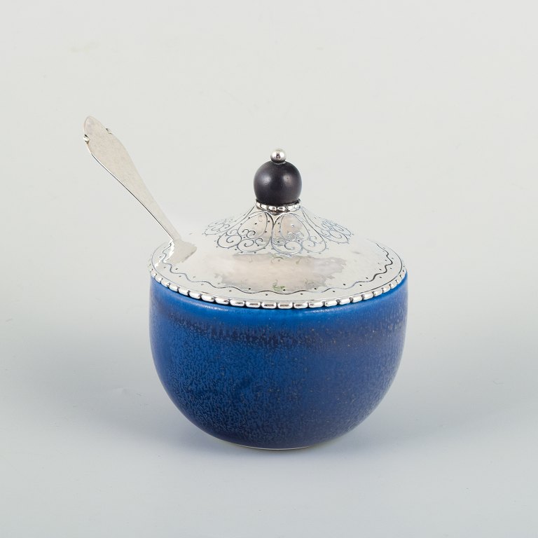 Wilhelm Kåge (1889–1960), Kåge Verkstad Gustavsberg, jam jar with matching 
Danish three-tower silver lid and silver spoon.