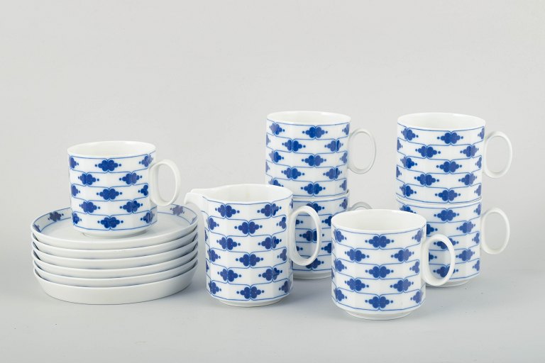 Rosenthal Studio-linie, six pairs of coffee cups with saucers and a cream jug, 
Corinth Blue pattern, design by Tapio Wirkkala.