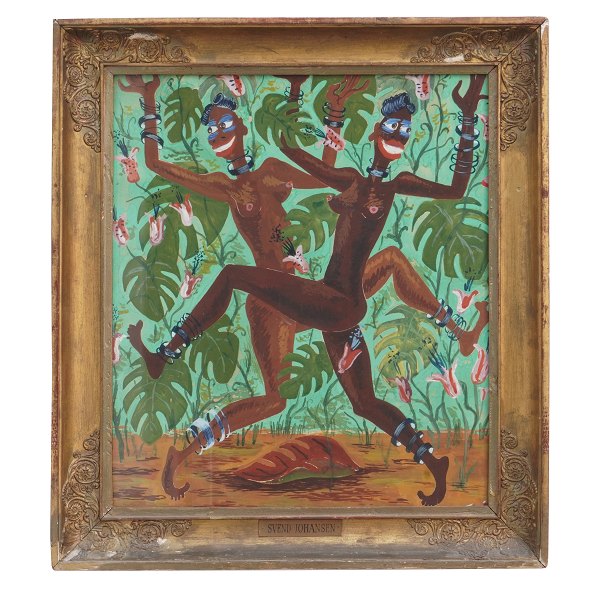 Svend Johansen gouache. Svend Johansen, 1890-1970, gouache. Motiv sandsynligvis 
inspireret af Josephine Bakers besøg i København 1928. Lysmål: 52x45cm.  Med 
ramme: 66x59cm