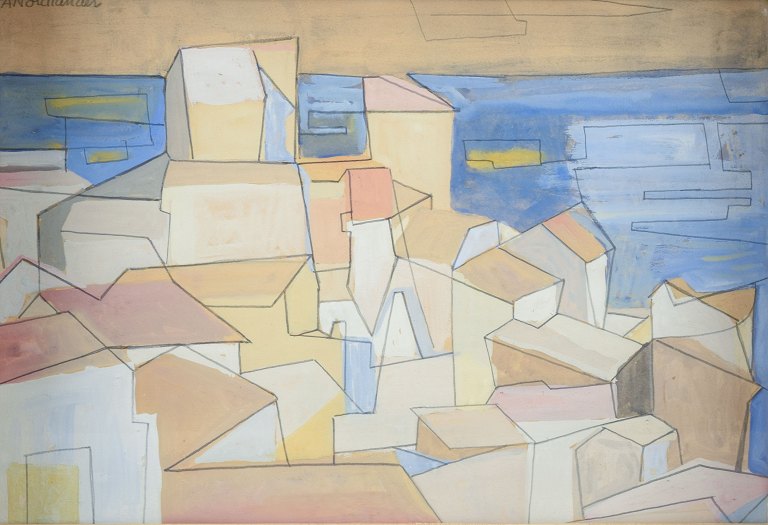 Pär Nordlander (1920–2001). Abstrakt bylandskab ved havet.
Mixed media på papir.