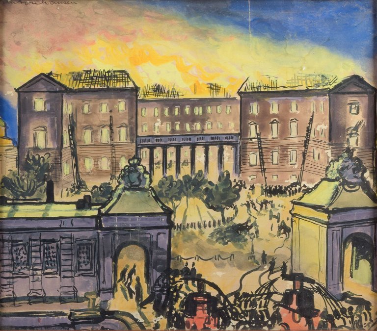 Anton Hansen.
Akvarel.
Christiansborg Slot i København under branden i 1884.