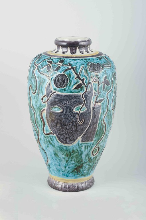 Åke Holm (1900–1980), Höganäs.Large stoneware vase with turquoise, black and green glaze.