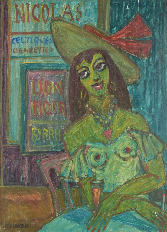 Erik LarsenPainting, portrait of a woman in a bar with hat.