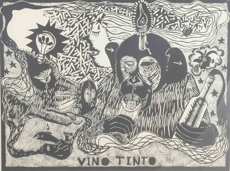 Erik Dietman
“Vino Tinto”.
Træsnit i sort/hvid.