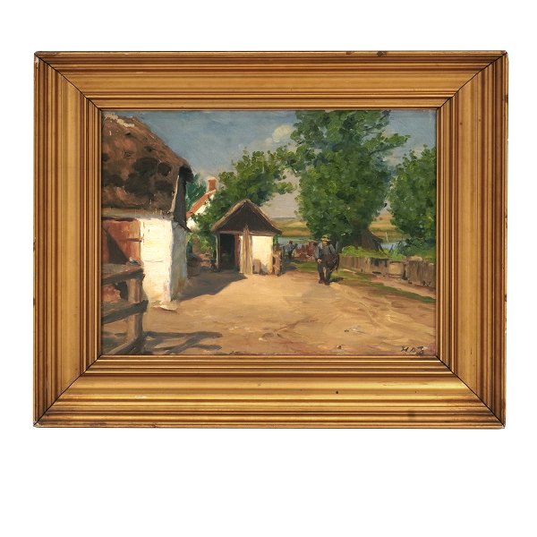 Hans Andersen Brendekilde, 1857-1942, oil on canvas. Village on a summer day. 
Signed. Visible size: 29x37cm. With frame: 43x51cm
