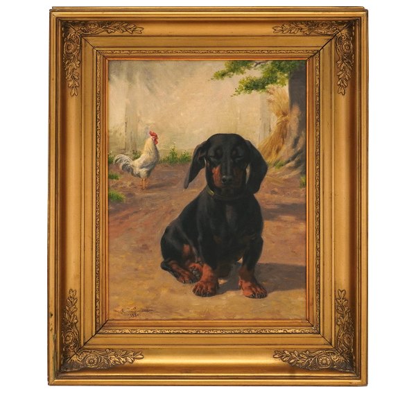 Simon Simonsen, 1841-1928, oil on canvas. Dachshound. Signed and dated 1920. 
Visible size: 38x27cm. With frame: 54x43cm