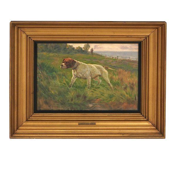 Simon Simonsen, 1841-1928, oil on canvas. Pointer with hunter. Signed and dated 
1917. Visible size: 23x32cm. With frame: 39x48cm