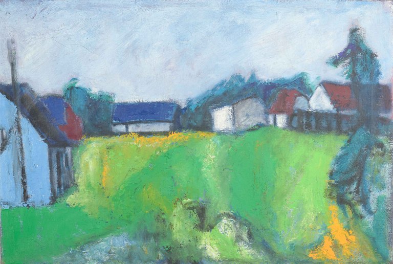 Johnny Madsen, Danish artistVillage scene with house.Oil on canvas.