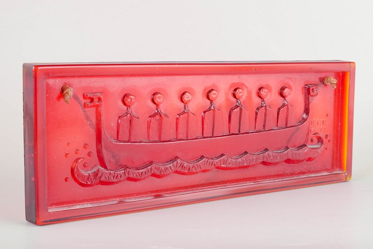 John Käll for Elme Sweden
Wall-mounted art glass relief with Viking ship, 1970s.