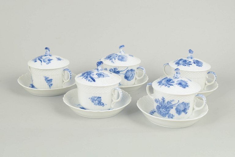 Royal Copenhagen Blue Flower Curved, set of five bouillon cups with matching saucers.