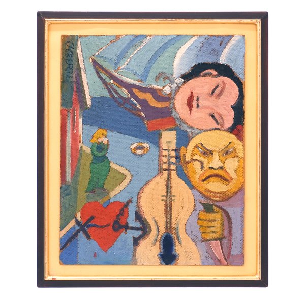 Henry Heerup maleri. Henry Heerup, 1907-93, olie på plade. Motiv i form af tro, håb og kærlighed, rejse og sejlskib. Signeret Heerup. Lysmål: 50x41cm. Med ramme: 62x51cm