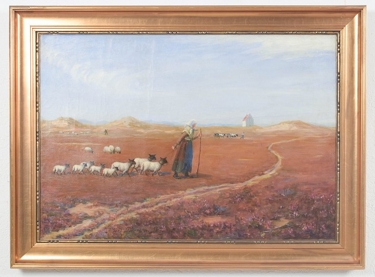 Albert Petersen, “Dyrene tages hjem”, olie på lærred, listet dansk kunstner.