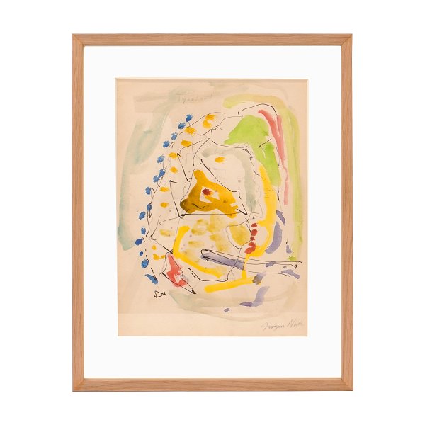 Jørgen Nash maleri. Jørgen Nash, 1920-2004, mixed media på papir. Signeret. Betitlet "Tyskland". Lysmål: 28x20,5cm. Med ramme: 39x30cm