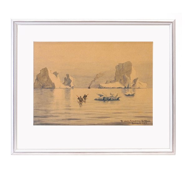 Emanuel A. Petersen, 1894-1948, akvarel. Kajakroere i farvand med isbjerge og skib. Signeret "Til venlig Erindring Godhavn 1929 Em. A. Petersen". Lysmål: 23,5x33,5cm. Med ramme: 38,5x46cm
