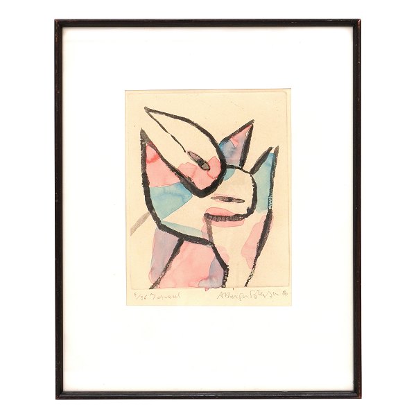 Arne Haugen Sørensen, f. 1932, litografi med akvarel. Signeret og dateret 1986. Lysmål: 27x20cm. Med ramme: 48x37cm