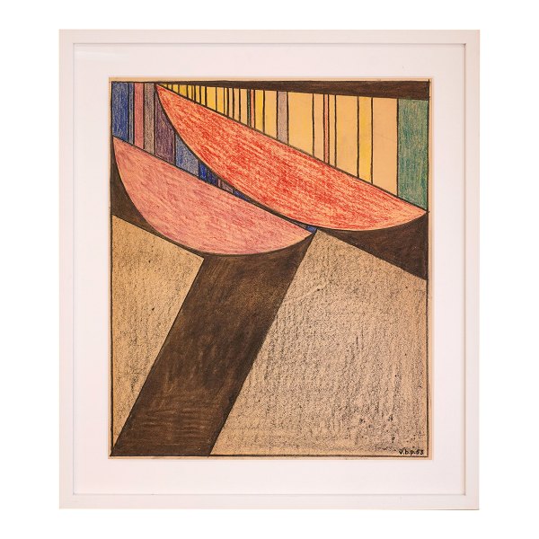 Vilhelm Bjerke-Petersen, komposition. Vilhelm Bjerke-Petersen, 1909-57, kridt på papir. Signeret og dateret "V.B.P. 53". Lysmål:57x49cm. Med ramme: 72x63cm