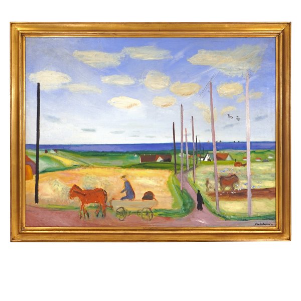 Jens Søndergaard maleri. Jens Søndergaard, 1895-1957, olie på lærred. Motiv i form høstlandskab. Signeret og dateret "Høstlandskab. Jens Søndergaard 1945". Lysmål: 106x137cm. Med ramme: 125x156cm