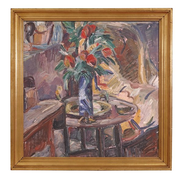 Jens Adolf Jerichau maleri. Jens Adolf Jerichau, 1890-1916, olie på lærred. Stilleben med blomster i vase. På blændramme signeret og dateret  1912. Lysmål: 49x48cm. Med ramme: 58x57cm